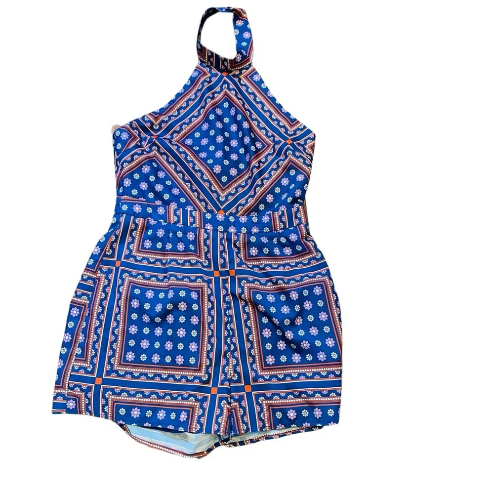 Lulu’s Blanca Blue Print Halter Romper - Picture 3 of 7
